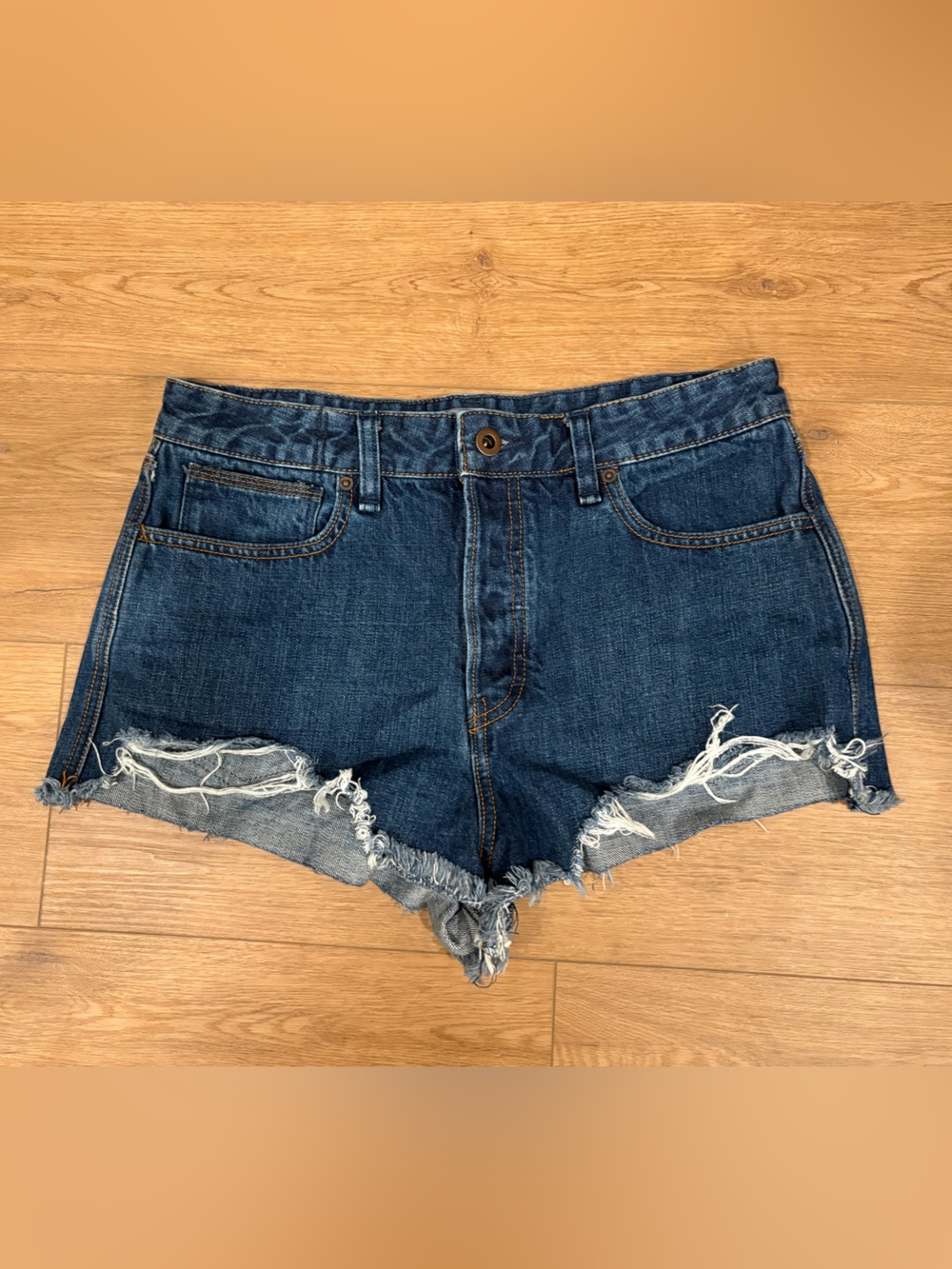 Free People Dark Blue High-Rise Frayed Hem Denim Shorts - Picture 2 of 4